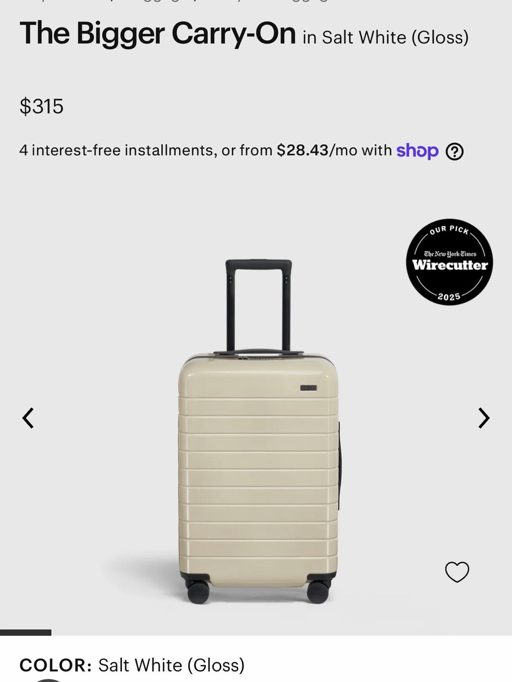 Away The Bigger Carry-On Hardshell Suitcase in Salt White (Gloss)